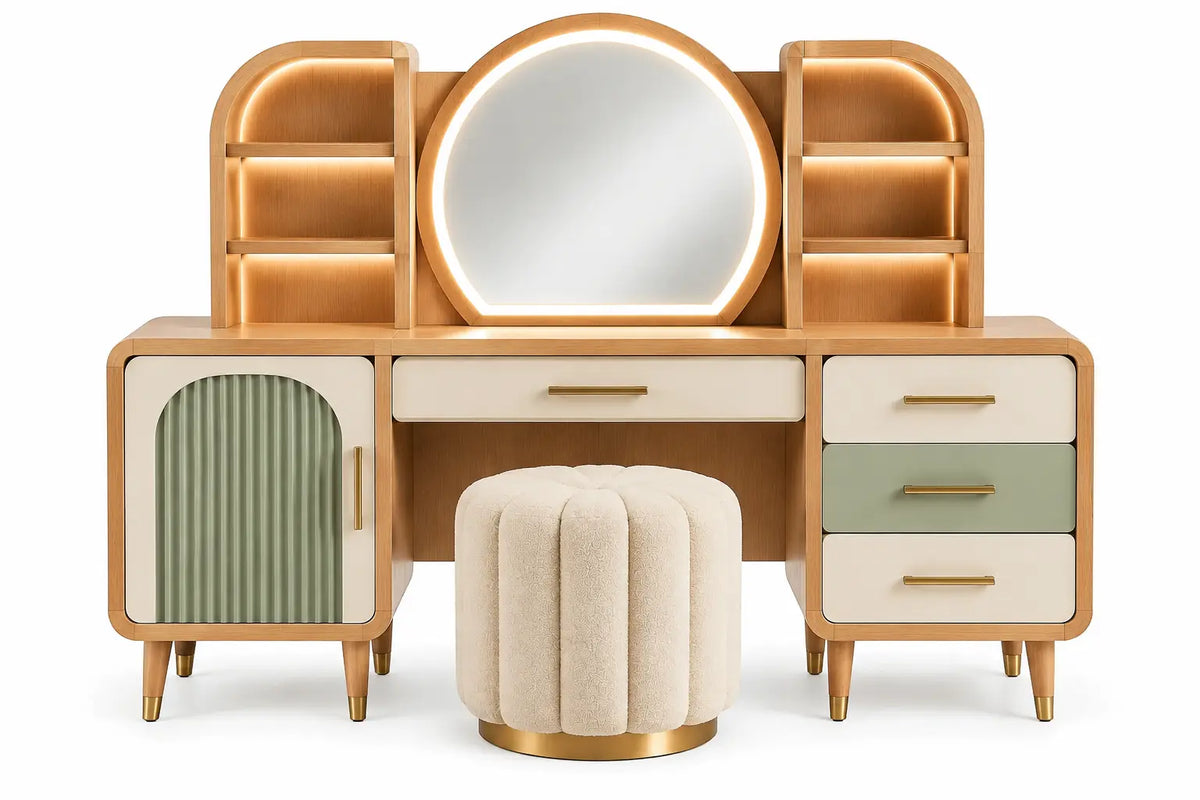 Coiffeuse beige, crème et verte à miroir rond et pouf cannelé