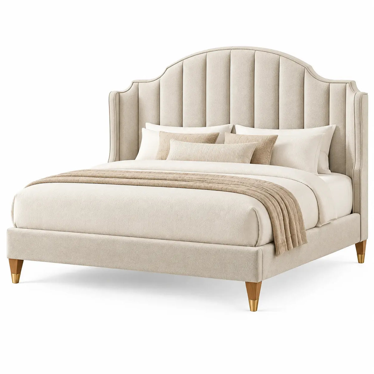 Lit beige à tête de lit ondulée cannelée et pieds dorés