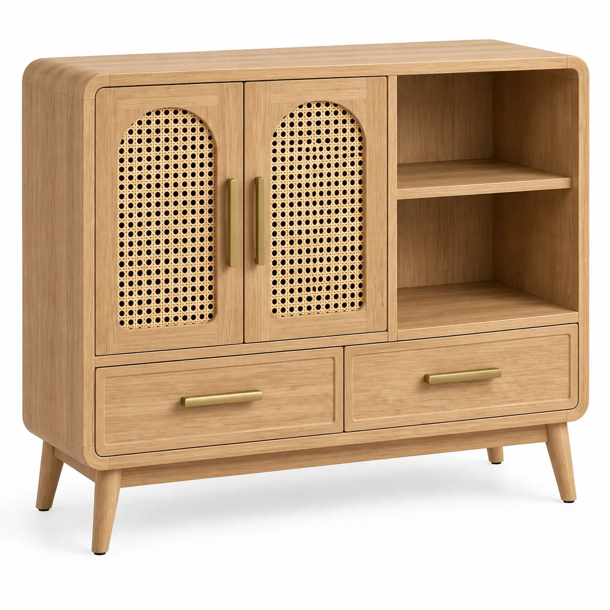 Meuble de rangement beige à portes tressées, niches et deux tiroirs bas