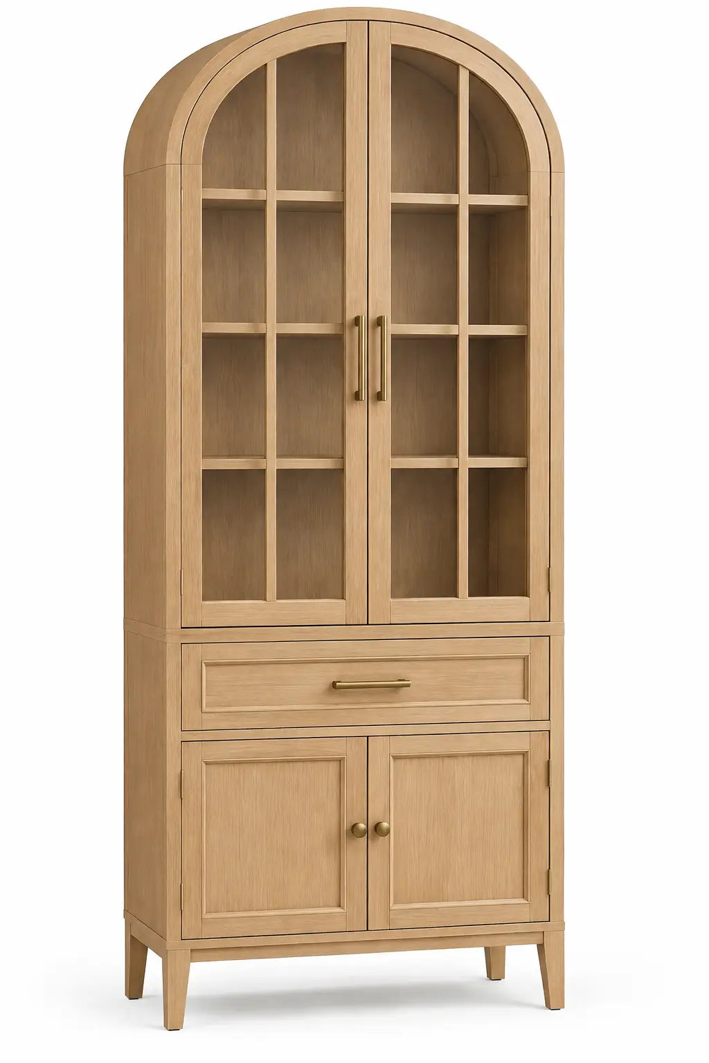 Vitrine beige en arche à portes vitrées, tiroir et placard inférieur