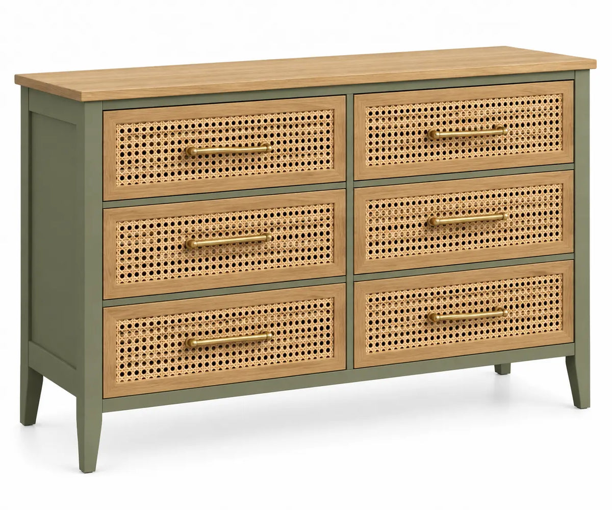 Commode verte et beige à six tiroirs ajourés