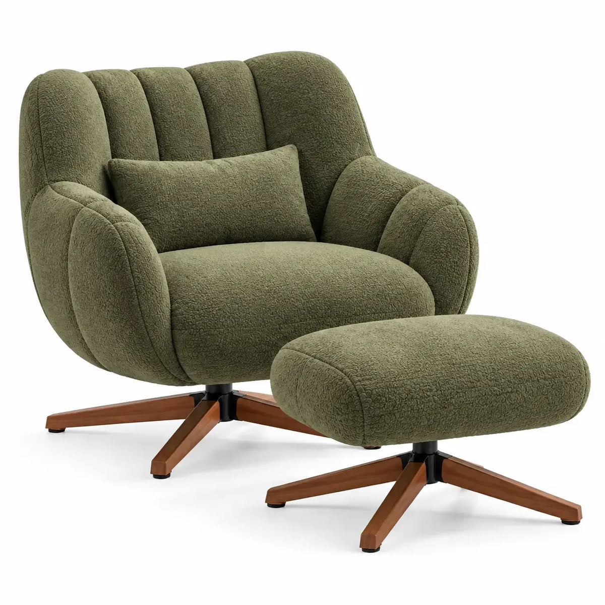 Fauteuil vert à dossier nervuré avec repose-pieds assorti