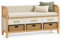 Banc d'entrée beige à trois tiroirs et trois paniers de rangement