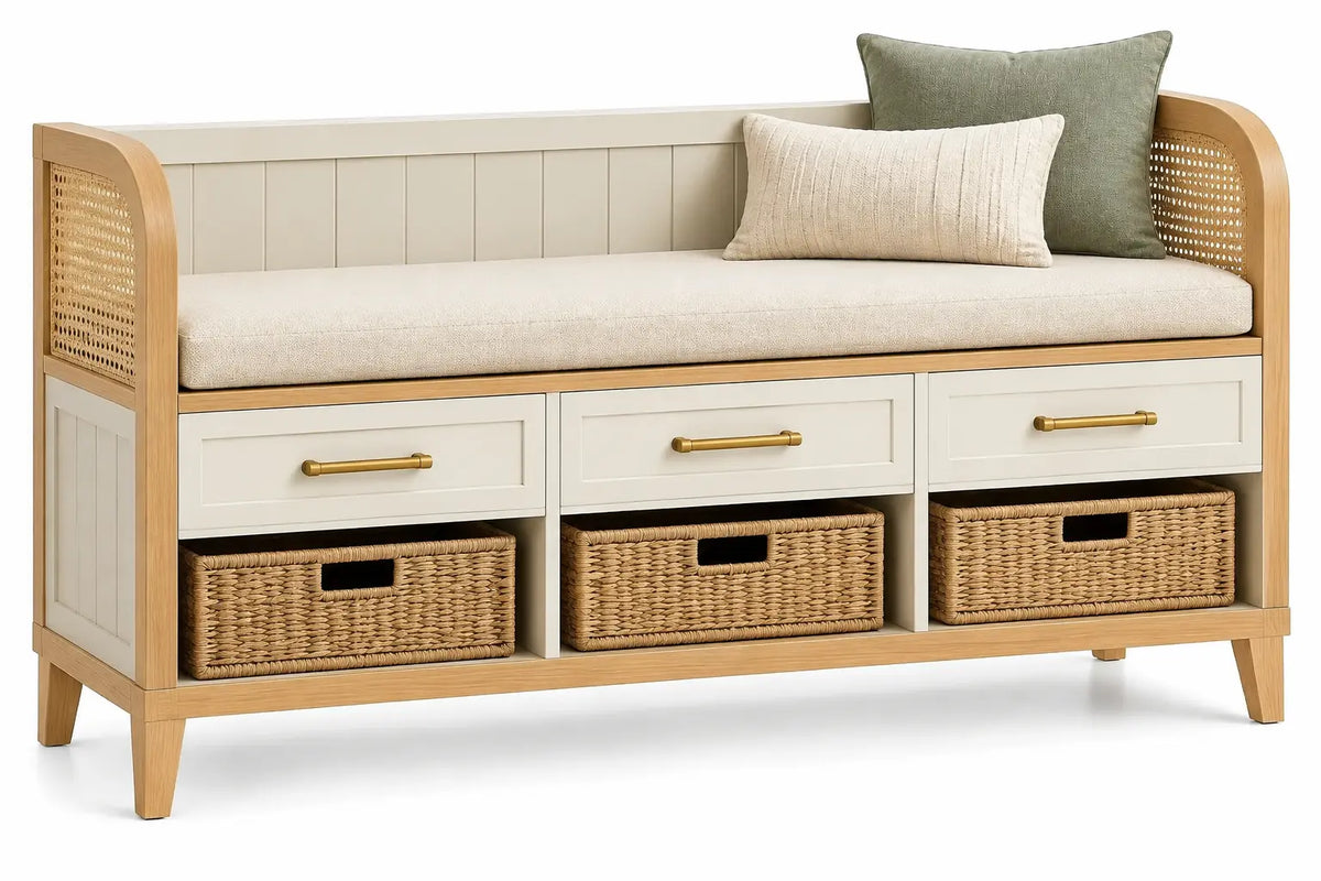 Banc d'entrée beige à trois tiroirs et trois paniers de rangement