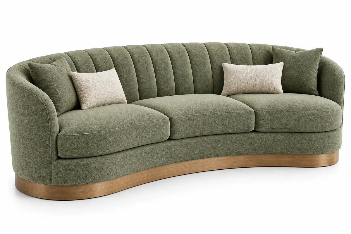 Canapé courbe vert à dossier nervuré et socle beige