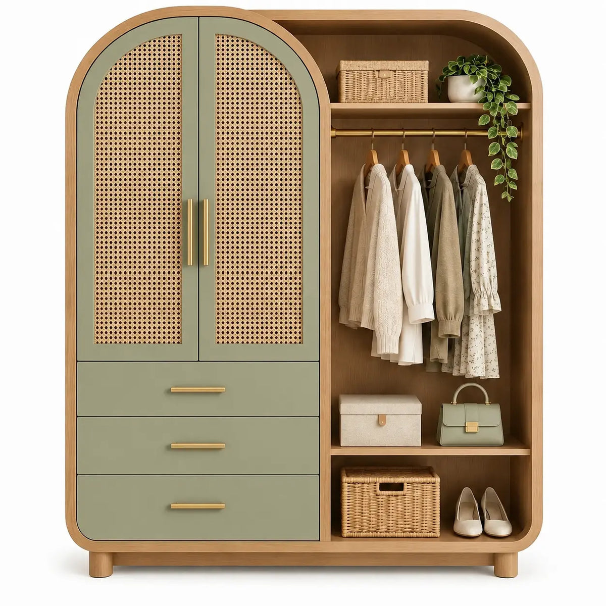 Armoire d'entrée verte et beige à portes ajourées, penderie ouverte et tiroirs